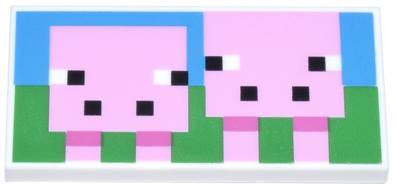 Tile 2 x 4 with Pixelated Bright Pink Minecraft Pig and Baby Pig on Green Grass and Dark Azure Sky Background Pattern: {бял}