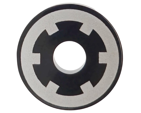 Tile, Round 2 x 2 with Hole with Silver Sprocket Wheel (Spool) Pattern: {черен}