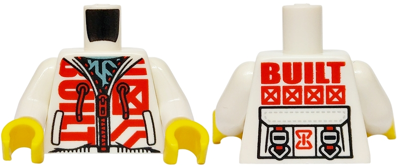 Torso Hoodie with Red Zipper, Drawstrings and 'BUILT', Metallic Light Blue Shirt, Harness Straps on Back Pattern / White Arms / Yellow Hands: {бял}