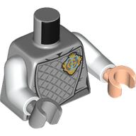 Torso Armor with Dark Bluish Gray Lattice Padding, Gold Crest Badge with Crown and Capital Letter G Pattern / White Arms / Light Bluish Gray Hand Left / Light Nougat Hand Right: {умерено каменно сив}