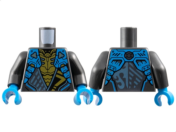 Torso Armored Tunic with Dark Azure Shoulder Panels, Metallic Light Blue Trim and Gold Ninjago Logogram Letter N over Chest Armor, Water Dragon Logo on Back Pattern / Pearl Dark Gray Arms / Dark Azure Hands: {титаниево метален}