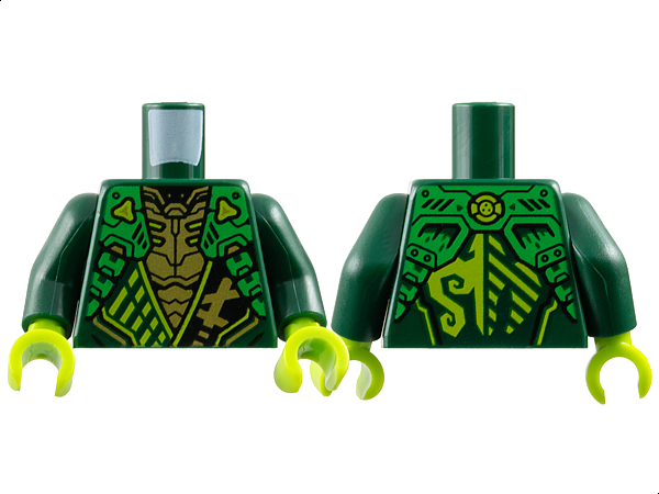Torso Armored Tunic with Bright Green Shoulder Panels, Lime Trim and Gold Ninjago Logogram Letter L over Chest Armor, Energy Dragon Logo on Back Pattern / Dark Green Arms / Lime Hands: {земно зелен}