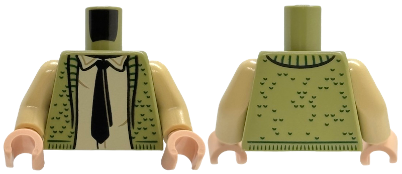 Torso Knit Vest Open with Lapels and Dark Green Trim, Tan Shirt with Collar, Black Tie Pattern / Tan Arms / Light Nougat Hands: {маслинено зелен}