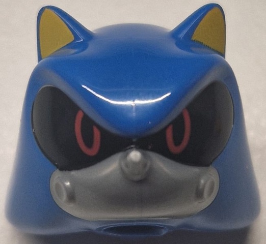 Minifigure, Head, Modified Hedgehog, Metal Sonic with Molded Flat Silver Face and Printed Yellow Inner Ears and Red Eyes on Black Background Pattern: {ярко син}