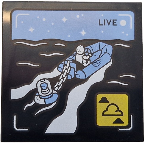 Tile 4 x 4 with 'LIVE' Broadcast with Bright Light Blue Rubber Raft and Sky, Black Sea, White Minifigure, Stars and Waves, Yellow Icon with Clouds Pattern: {черен}