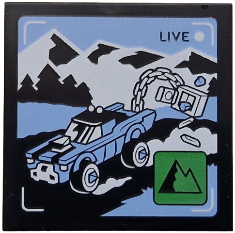 Tile 4 x 4 with 'LIVE' Broadcast with Bright Light Blue Car and Side Road, Black and White Mountains, Green Icon with Mountains Pattern: {черен}