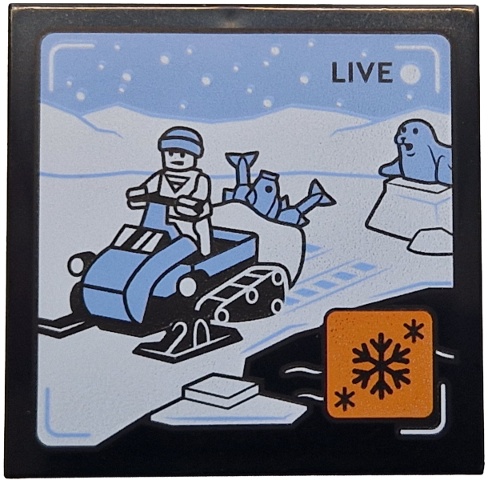 Tile 4 x 4 with 'LIVE' Broadcast with Bright Light Blue Snowmobile, Fish, Seal and Sky, White Ground and Mountains, Orange Icon with Black Snowflakes Pattern: {черен}