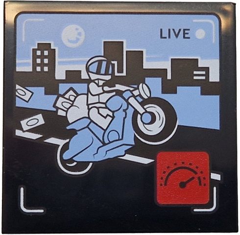Tile 4 x 4 with 'LIVE' Broadcast with Bright Light Blue Motorcycle and Sky, Black Road and Skyliners, White Minifigure, Red Icon with Speedometer Pattern: {черен}