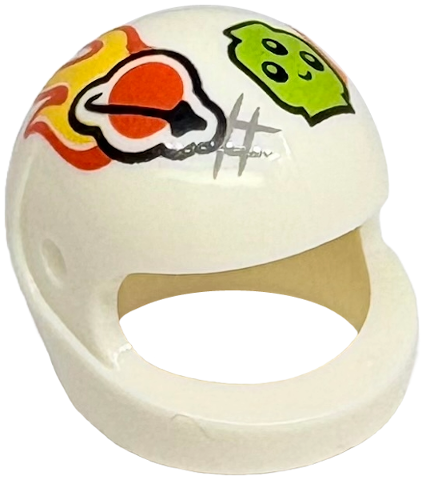 Minifigure, Headgear Helmet Motorcycle (Standard) with Reddish Orange and Black Classic Space Logo, Arrow, Yellow Flames, Lime Alien Head Pattern: {бял}