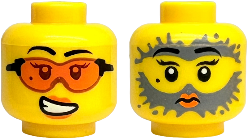 Minifigure, Head Dual Sided Female Black Eyebrows, Beauty Mark, Orange Safety Glasses and Lips, Scared Open Mouth with Teeth / Surprised with Dark Bluish Gray Splotches Pattern: {ярко жълт}