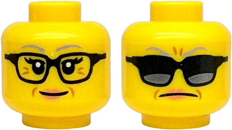 Minifigure, Head Dual Sided Female Light Bluish Gray Eyebrows, Black Glasses, Medium Nougat Wrinkles, Nougat Lips, Grin / Sunglasses and Frown Pattern: {ярко жълт}