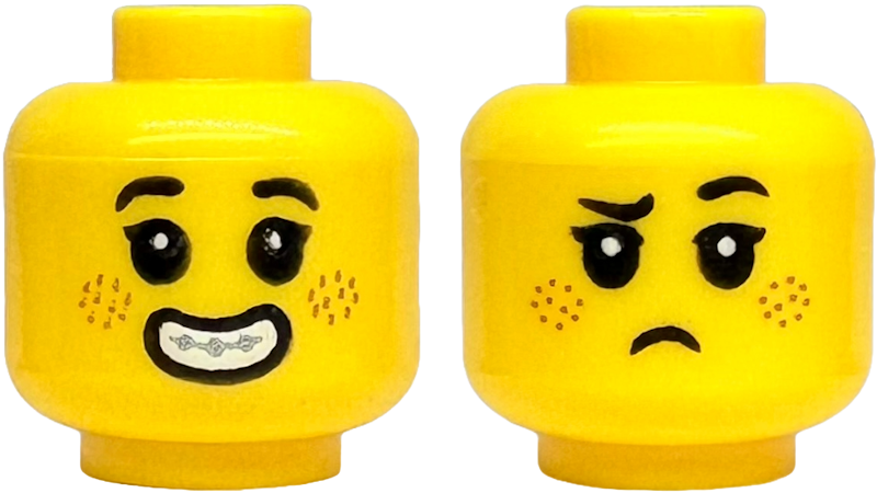 Minifigure, Head Dual Sided Child Black Eyebrows and Eyelashes, Medium Nougat Freckles, Open Mouth Smile with Teeth and Silver Braces / Frown Pattern: {ярко жълт}