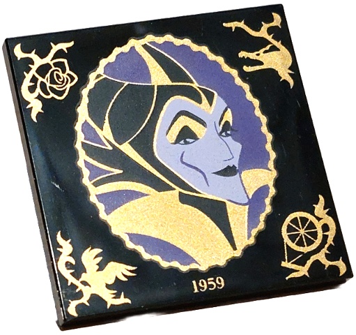 Tile 4 x 4 with Lavender and Dark Purple Maleficent Portrait in Scalloped Oval Frame with Gold Filigree, '1959', Rose, Dragon, Raven Diablo and Spinning Wheel Pattern: {черен}
