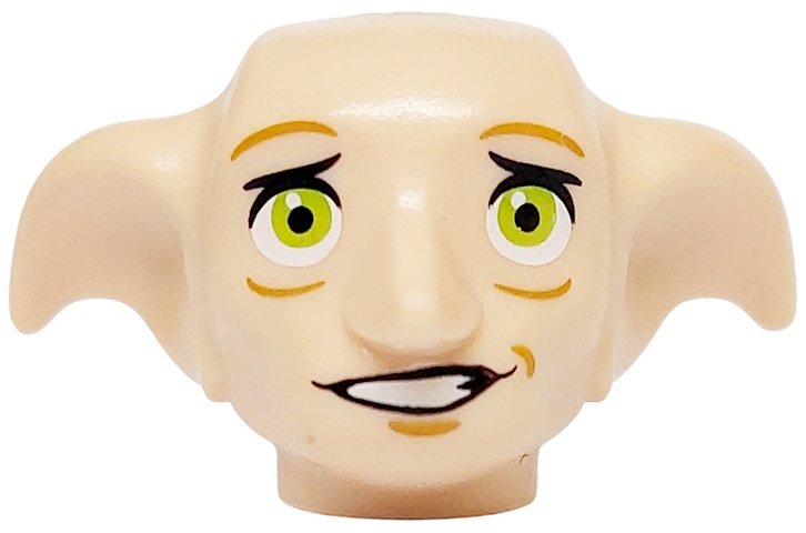 Minifigure, Head, Modified Dobby with Lime Eyes and Lopsided Open Mouth Smile with Teeth Pattern: {светло нуга}