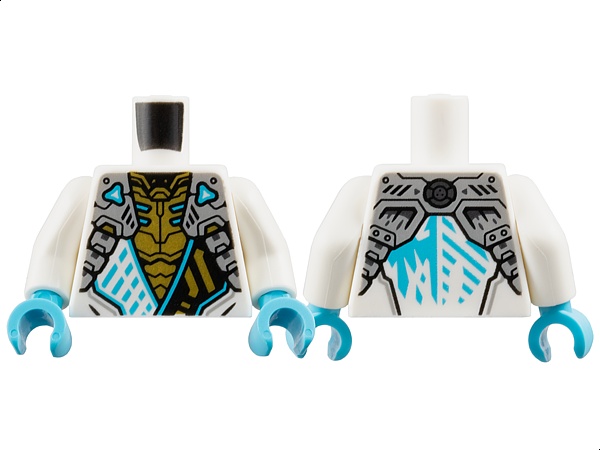 Torso Armored Tunic with Light Bluish Gray Shoulder Panels, Medium Azure Trim and Gold Ninjago Logogram Letter Z over Chest Armor, Ice Dragon Logo on Back Pattern / White Arms / Medium Azure Hands: {бял}