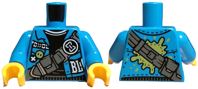 Torso Jacket Open, White 'BL', Black Sweater, Dark Bluish Gray Strap with Pouches, Hourglass Buckle Pattern / Dark Azure Arms / Yellow Hands: {тъмно небесносин}