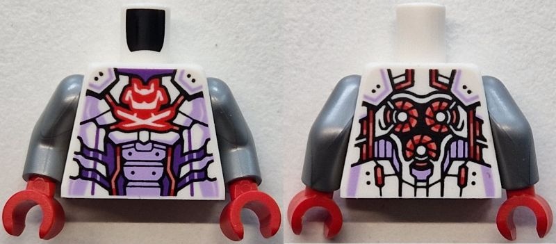 Torso Armor with Lavender Highlights and Abdomen Panels, Red and Coral Trim, Samurai Helmet and Crossed Swords Logo, Dark Purple Stomach and Neck, Circles with Fans on Back Pattern / Flat Silver Arms / Red Hands: {бял}