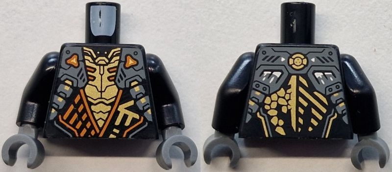 Torso Armored Tunic with Dark Bluish Gray Shoulder Panels, Orange Trim and Gold Ninjago Logogram Letter C over Chest Armor, Earth Dragon Logo on Back Pattern / Black Arms / Dark Bluish Gray Hands: {черен}