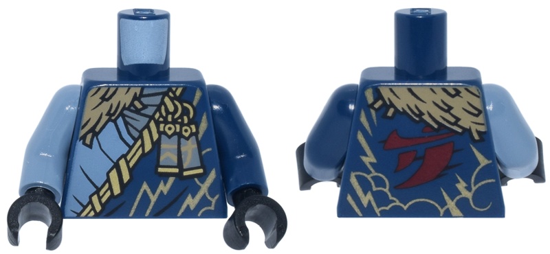 Torso Tunic with Gold Trim, Charms and Lightning, Dark Tan Wrap, Dark Red Ninjago Logogram 'J' Pattern / Dark Blue Arm Left / Sand Blue Arm Right / Black Hands: {земно син}