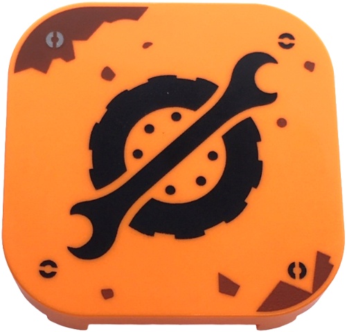Tile, Modified 4 x 4 with Rounded Corners and 4 Feet with Black Spanner Wrench and Wheel with Tire Logo, Reddish Brown Rust Stains, Screw Heads Pattern: {ярко оранжев}