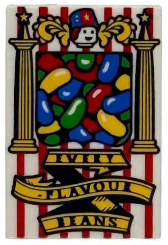 Tile 2 x 3 with HP Bertie Bott's Beans Box with Green, Blue, Red and Yellow Jelly Beans, Pillars, Stripes and 'EVERY-FLAVOUR BEANS' on Banner Pattern: {бял}