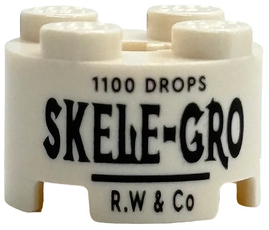 Brick, Round 2 x 2 with Axle Hole with Black '1100 DROPS', 'SKELE-GRO' and 'R.W & Co' Pattern: {бял}