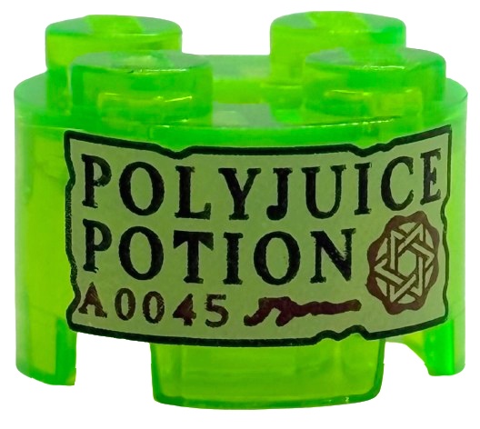 Brick, Round 2 x 2 with Axle Hole with Tan Label with Black 'POLYJUICE POTION' and Dark Red 'A0045' and Symbol Pattern: {прозрачно ярко зелен}