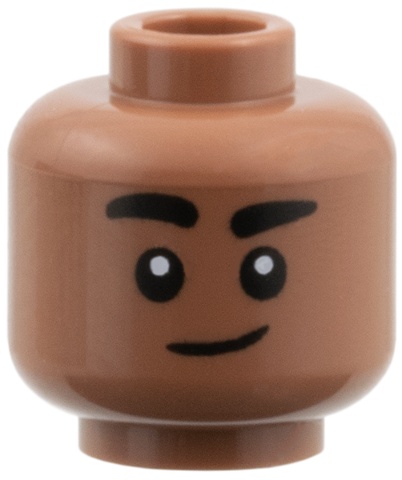 Minifigure, Head Thick Black Eyebrows, Right Raised, Smirk Pattern: {умерено кафяв}