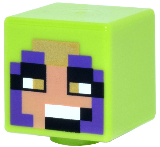 Minifigure, Head, Modified Cube with Pixelated Nougat Face, Black, Gold and White Eyes and Mouth, Dark Purple Hood Pattern (Minecraft Jungle Ranger): {ярко жълто-зелен}