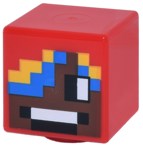 Minifigure, Head, Modified Cube with Pixelated Umber Face, Black and White Eyes and Mouth, Blue and Yellow Hair Pattern (Minecraft Parrot Handler): {ярко червен}