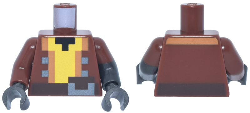 Torso Pixelated Jacket Open, Medium Nougat Trim, Dark Silver Buttons, Yellow Shirt, Dark Brown Belt, Black Neck Pattern / Pearl Dark Gray Arm Left with Reddish Brown Molded Short Sleeve Pattern / Reddish Brown Arm Right / Pearl Dark Gray Hands: {червеникаво-кафяв}