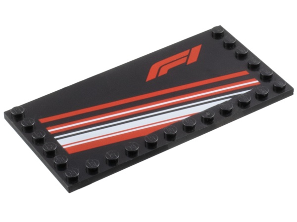 Tile, Modified 6 x 12 with Studs on Edges with Formula 1 Logo Stylized 'F1', Red and White Diagonal Stripes Pattern: {черен}