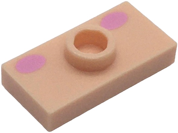 Plate, Modified 1 x 2 with 1 Stud with Groove and Bottom Stud Holder (Jumper) with Bright Pink Oval Cheeks Pattern (Super Mario Baby Peach Lower Face): {светло нуга}