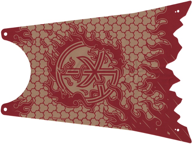 Cloth Cape with 4 Holes and Tattered Edge, Large Buildable Figures with Dark Red Scale Armor Lines, Flames, and Ninjago Logogram Letter K Pattern: {пясъчно жълт}