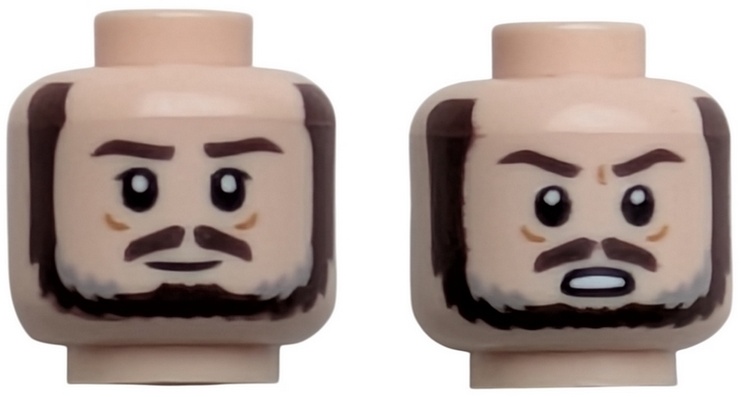 Minifigure, Head Dual Sided Dark Brown Eyebrows, Moustache and Beard with Light Bluish Gray Highlights, Grin / Angry Open Mouth with Teeth Pattern: {светло нуга}