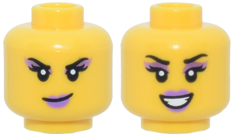 Minifigure, Head Dual Sided Female Black Eyebrows and Eyelashes, Metallic Pink Eye Shadow, Medium Lavender Lips, Smirk / Open Mouth Smile with Teeth Pattern: {ярко жълт}