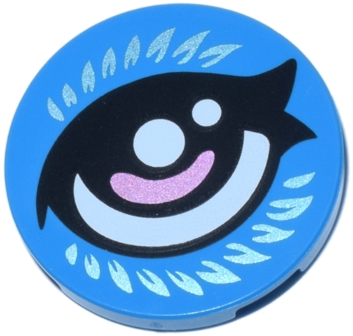 Tile, Round 3 x 3 with Black Eye, White and Metallic Pink Pupil and Metallic Light Blue Feathers Pattern Model Left Side: {тъмно небесносин}
