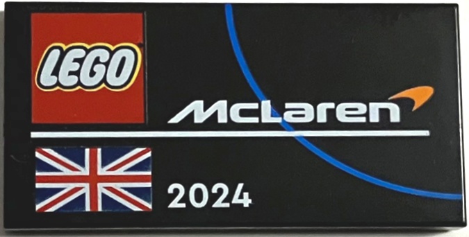 Tile 2 x 4 with LEGO and McLaren Logos, United Kingdom Flag (Union Jack) and White '2024' Pattern: {черен}
