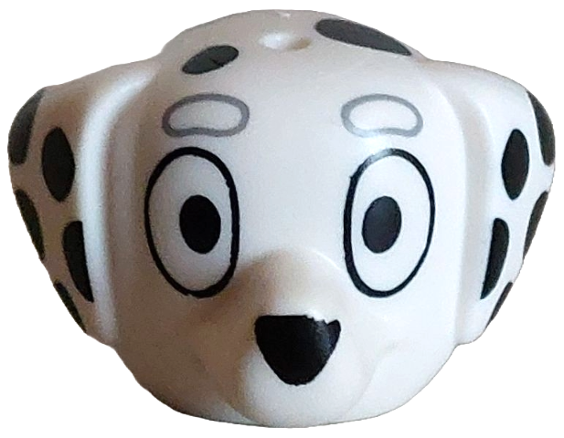 Minifigure, Head, Modified Dog (Dalmatian) with Pointed Ears, Hole on Top with Black Eyes, Nose and Spots, Light Bluish Gray Eyebrows Pattern: {бял}