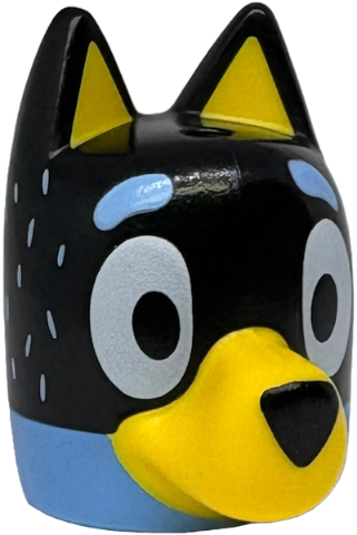 Minifigure, Head, Modified Dog (Cattle) with Straight Ears, Hole on Top with Molded Black Top and Yellow Muzzle and Auricles and Printed Eyes, Nose, Bright Light Blue Eyebrows and Fur Pattern: {умерено син}