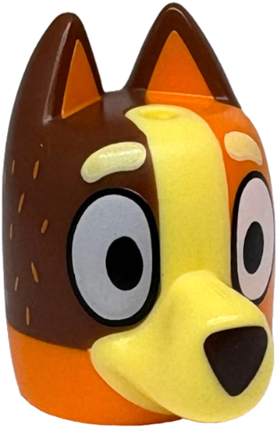 Minifigure, Head, Modified Dog (Cattle) with Curved Ears, Hole on Top with Molded Reddish Brown Top and Bright Light Yellow Muzzle and Markings and Printed Eyes, Eyebrows, Fur, Dark Brown Nose Pattern: {ярко оранжев}