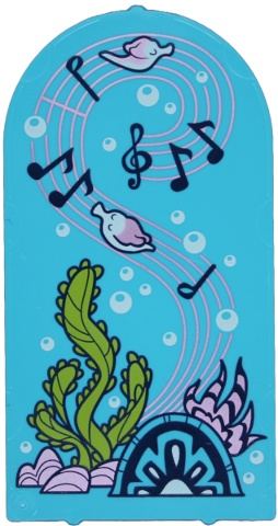 Glass for Door Frame 1 x 6 x 7 Arched with Notches and Rounded Pillars with Fish, Bubbles, Coral, Lime Seaweed, Metallic Pink Musical Score and Black Music Notes Pattern: {умерено небесносин}