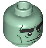 Minifigure, Head Alien Monster with Black Bushy Eyebrows, Dark Green Cheek Lines, Wrinkles, Chin Dimple, White Tooth, Neutral Pattern: {пясъчно зелен}