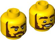 Minifigure, Head Dual Sided Reddish Brown Bushy Eyebrows, Moustache, Beard and Sideburns, Stern / Open Mouth Smile with Top Teeth Pattern: {ярко жълт}