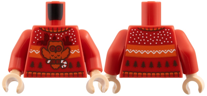 Torso Knit Fair Isle Holiday Sweater with Dark Orange Owl with Candy Cane, Castle Silhouettes and Christmas Trees Pattern / Red Arms / Light Nougat Hands: {ярко червен}