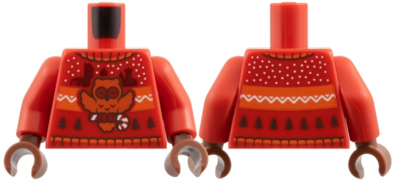 Torso Knit Fair Isle Holiday Sweater with Dark Orange Owl with Candy Cane, Castle Silhouettes and Christmas Trees Pattern / Red Arms / Reddish Brown Hands: {ярко червен}
