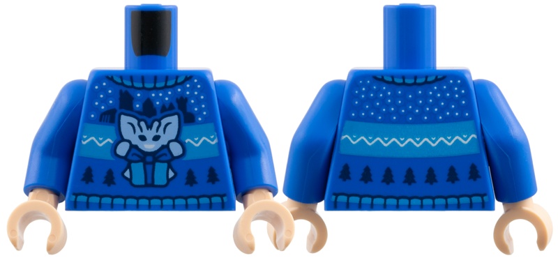 Torso Knit Fair Isle Holiday Sweater with Bright Light Blue Cornish Pixie with Present / Gift, Castle Silhouettes and Christmas Trees Pattern / Blue Arms / Light Nougat Hands: {ярко син}