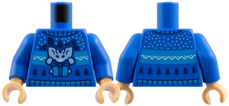 Torso Knit Fair Isle Holiday Sweater with Bright Light Blue Cornish Pixie with Present / Gift, Castle Silhouettes and Christmas Trees Pattern / Blue Arms / Medium Tan Hands: {ярко син}