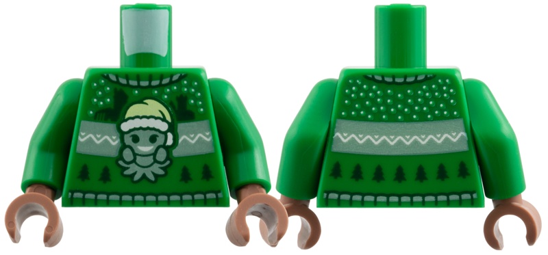 Torso Knit Fair Isle Holiday Sweater with Sand Green Grindylow with Santa Hat, Castle Silhouettes and Christmas Trees Pattern / Green Arms / Medium Brown Hands: {тъмно зелен}