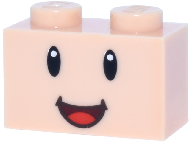 Brick 1 x 2 with Black Eyes, White Glints and Dark Red Open Mouth Smile with Red Tongue Pattern (Super Mario Captain Toad Face): {светло нуга}